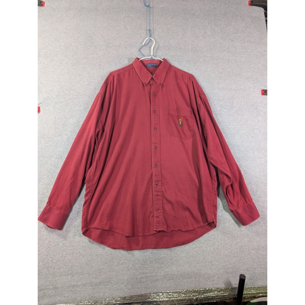 VTG 90s Chaps Ralph Lauren XL Red Cotton Button Shirt Crest Grunge Faded Grandpa